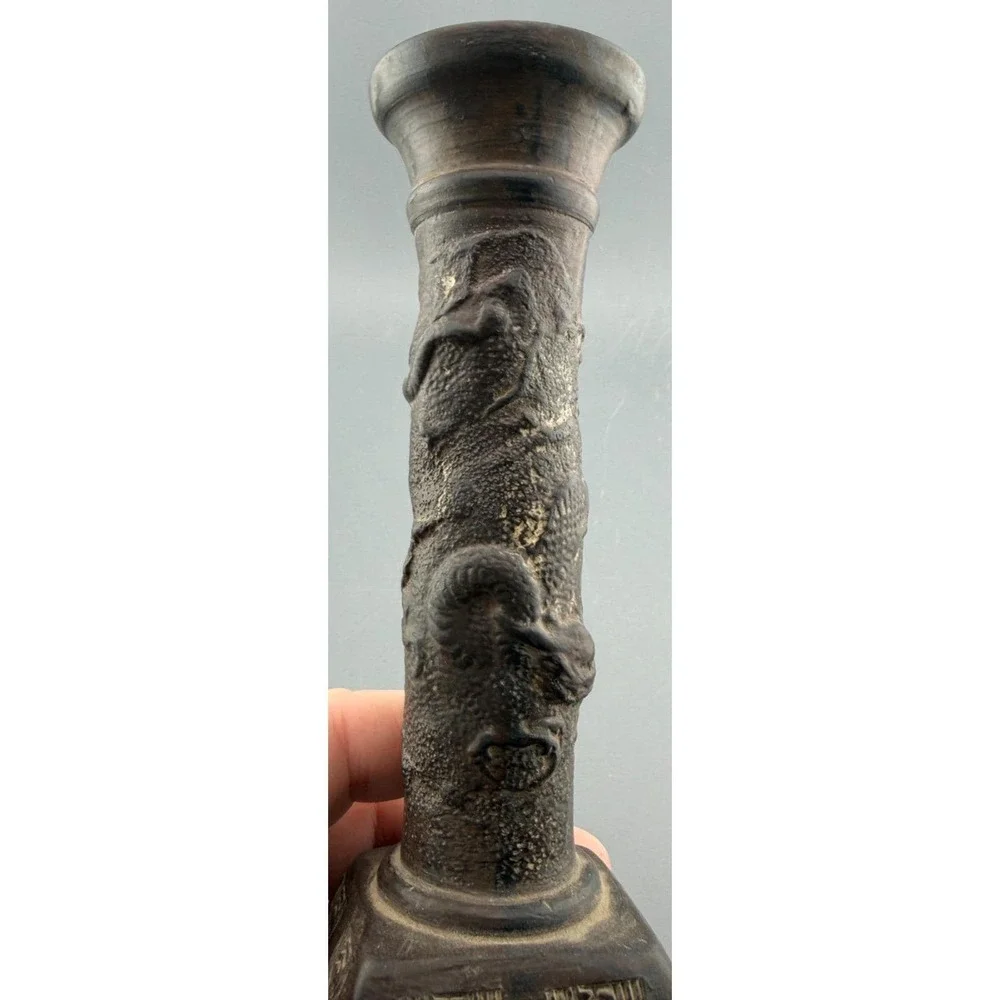 Vintage Nippon Dragonware Candlesticks Pair Brown Clay Moriage Hallmarked Japan
